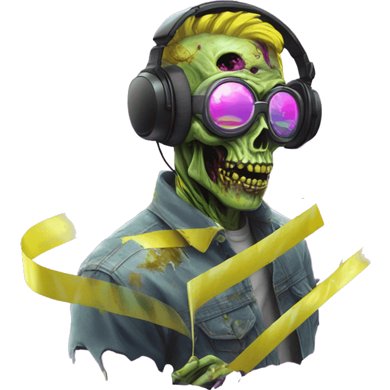 .Zombie_ Vaporwave black holographic oilslick zombie unicorn yellow caution tape holding a vinyl dj graffiti emoji