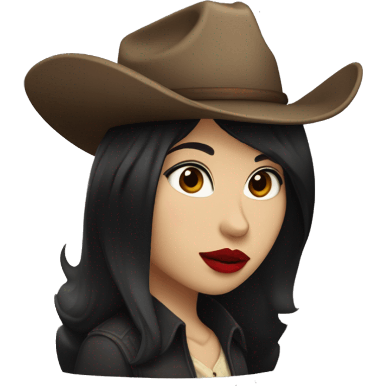 straight black hair,red lipstick,hazel eyes, white skin, a small nose and a cowboy hat  emoji