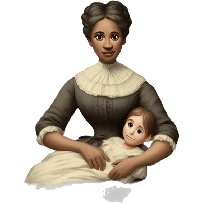 A 19th century woman with a child in her arms. There is a big letter "A" on the dress emoji