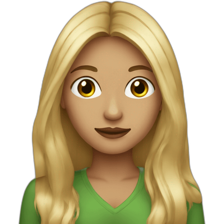 Woman with brown long layered hair gold nose ring green eyes emoji