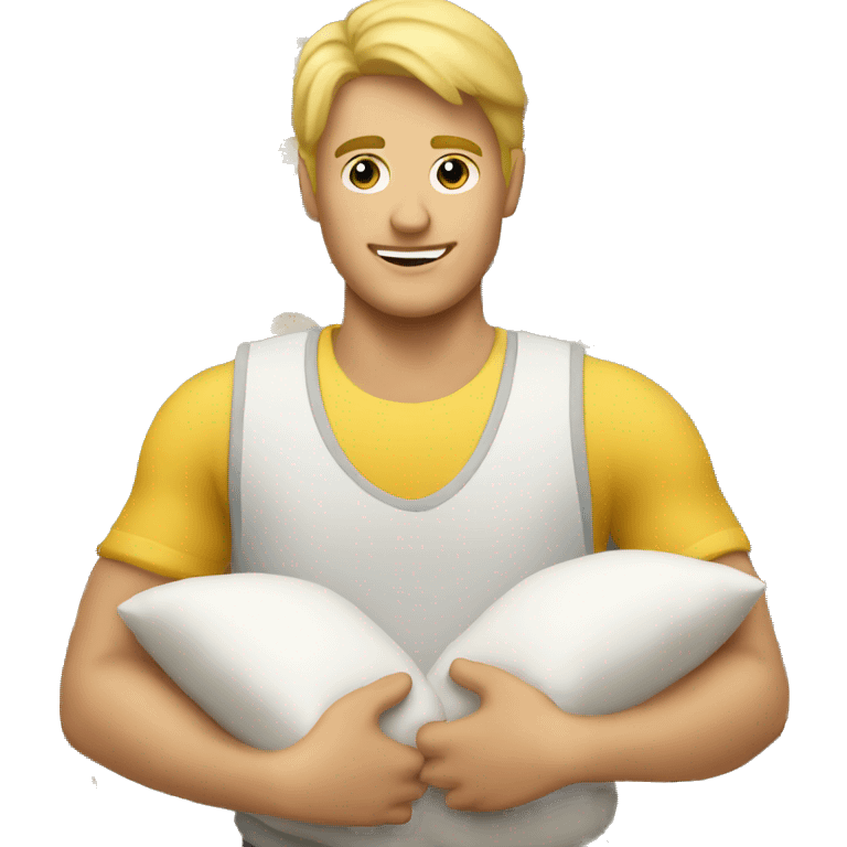 blonde man storekeeper holding pillows emoji