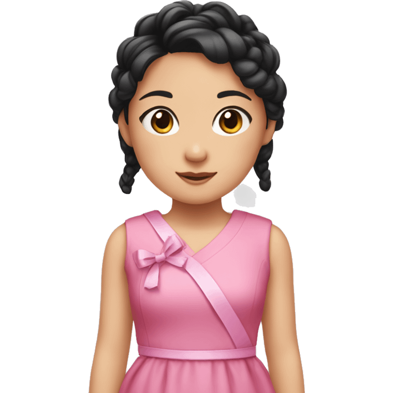 a little asian girl with braid black hair, using pink cute dress and ribbon emoji