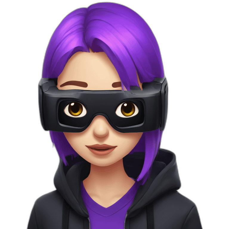 Russian student wearing black hoody with violet letters "OMG", in vr headset. Cyberpunk style. Violet neon. emoji