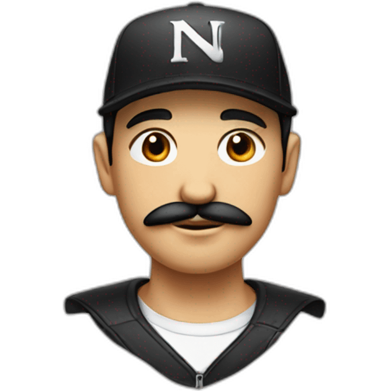 A round-headed man with thin black hair mustache and a black cap with the initials "NE" on it emoji