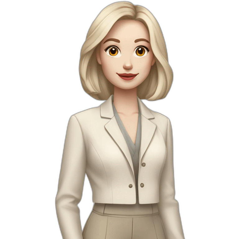 pale skin woman with ash blonde Straightened bob Hair, White Spacious classical jacket, beige palazzo Arrow pants and gray blouse holding a color palette in the hands emoji