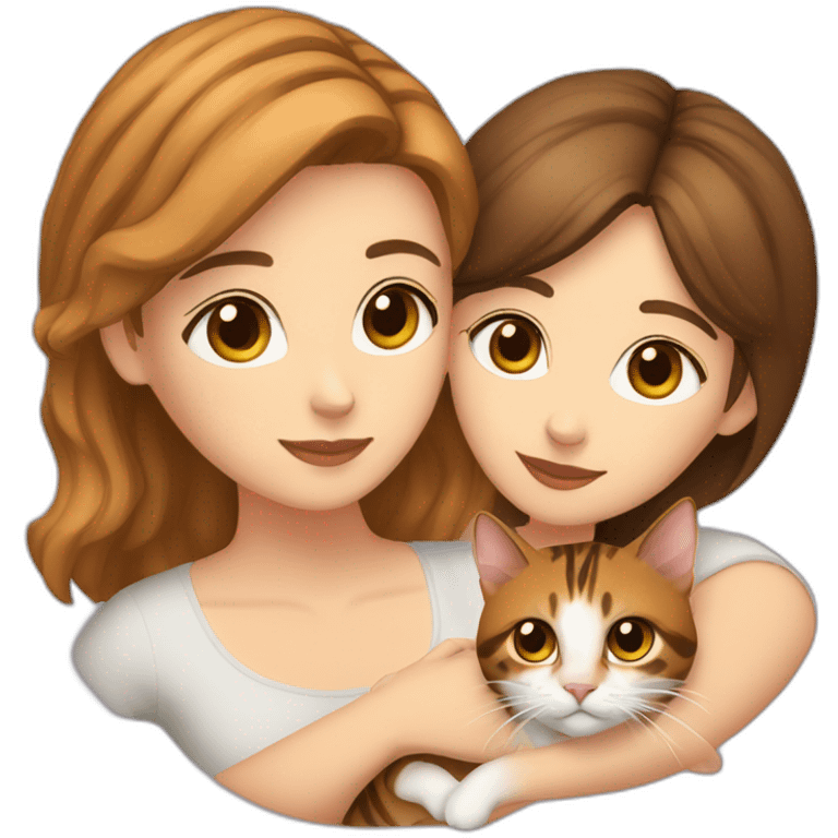 White woman with short brown hair and dark brown eyes with a white woman with light brown shoulder long hair hugging a tabby brown bengal cat emoji