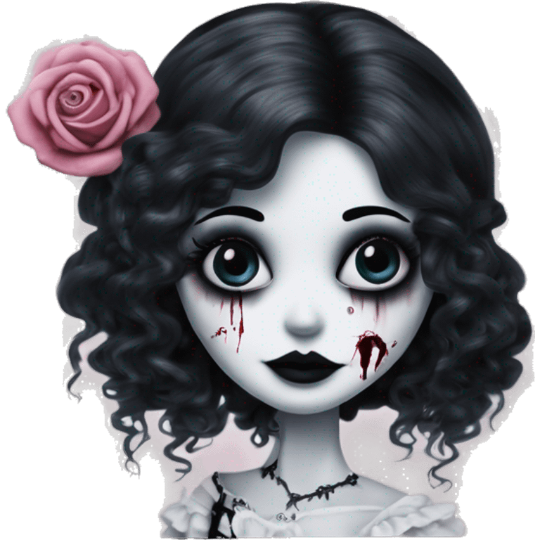 PINK LANDSCAPE PICTURE WITH FRAME: full height, tim burton "corpse bride", porcelain doll with a cracked face, goth makeup watery eyes, long hair, lace and ruffles, lolita style, inked, black and white, red roses emoji