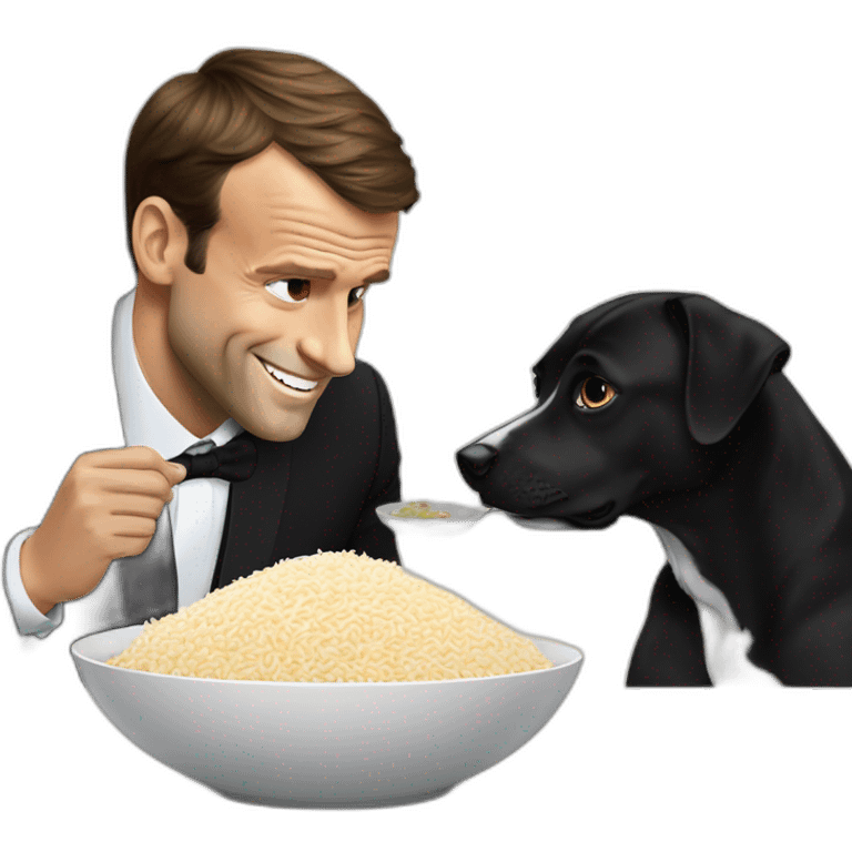 Dog eating a bowl of rice next to Emmanuel Macron emoji