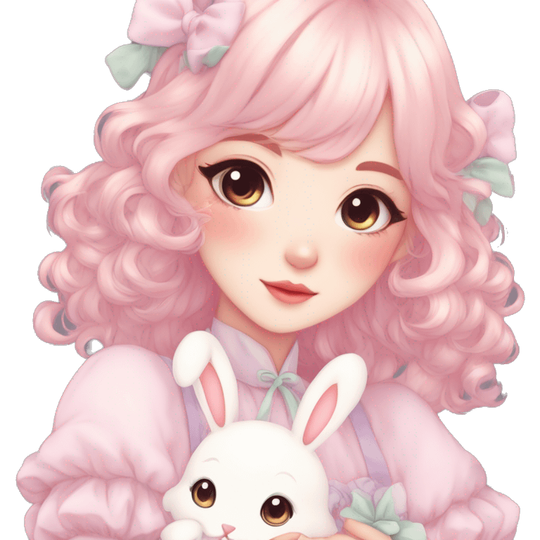 Gorgeous pastel anime style lady with blushing face and holding a bunny cottagecore fairycore pastelcore colorful pearly romantic simplistic aesthetic trending style emoji