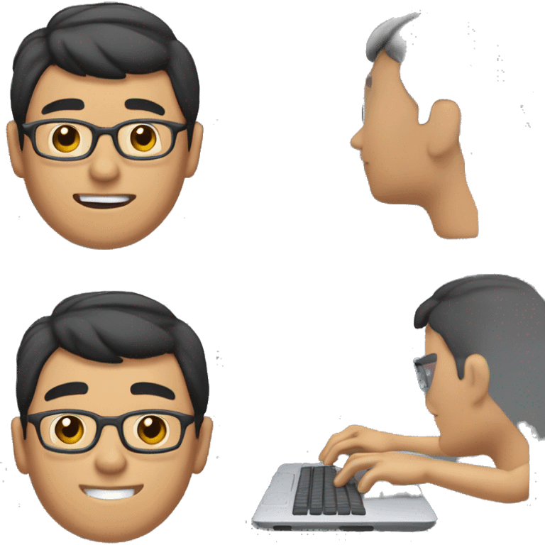 Asian guy with tanned skin, short hair and glasses, editing videos on a computer emoji