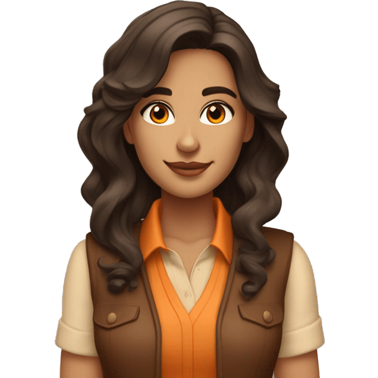 a charming tanned woman wavy chocolate hair, caramel eyes, beige shirt, orange vest emoji