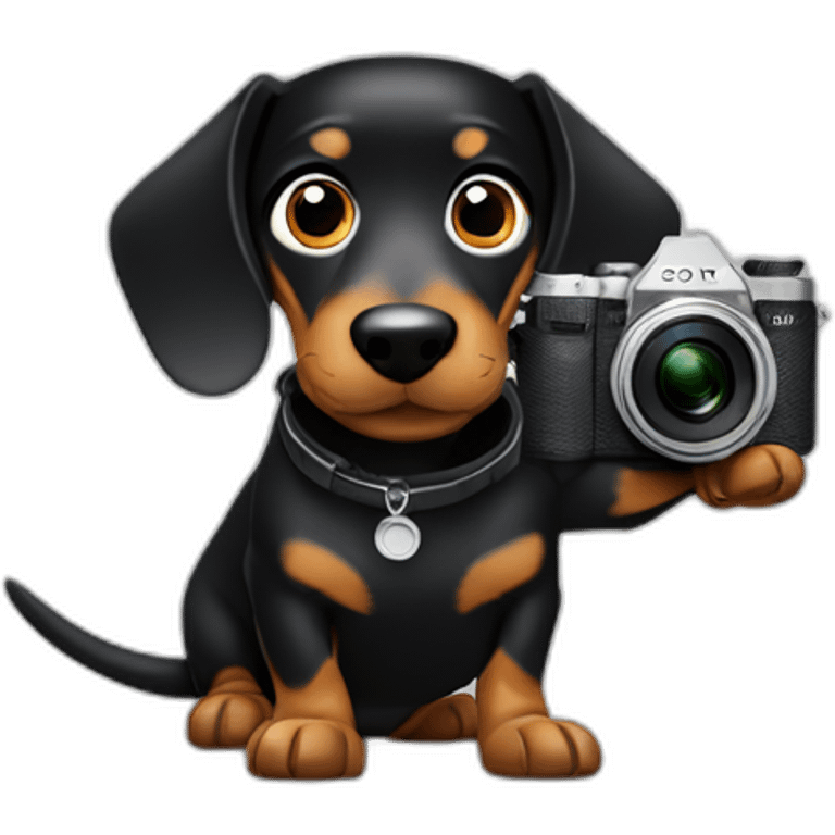 a black dachshund dog holds a SONY camera in its paws emoji