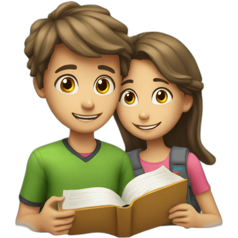 boy and girl of seven years old with an English textbook emoji