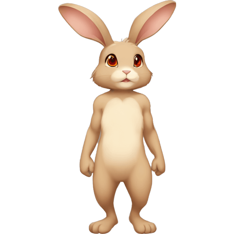 Cute, Anthro, Sona, Brown, Normal-type-Ground-type Tan-Rabbit-Fakémon with Dark-Red eyes, beige ears, beige belly, beige paws, beige feet, full body emoji