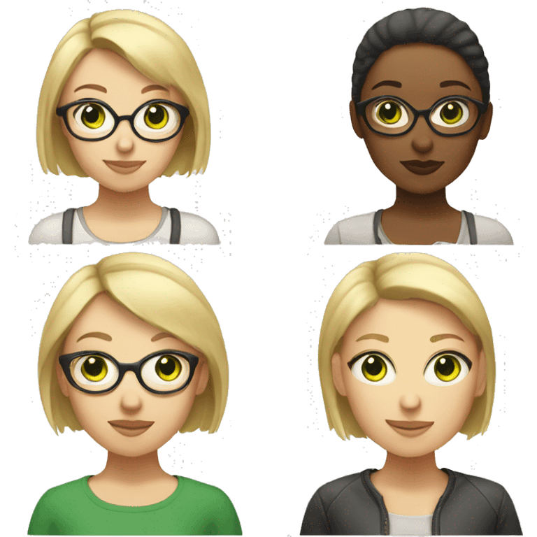 Blonde girl with short hair, narrow face and no glasses next to blonde girl with round face and glasses, both with green eyes emoji