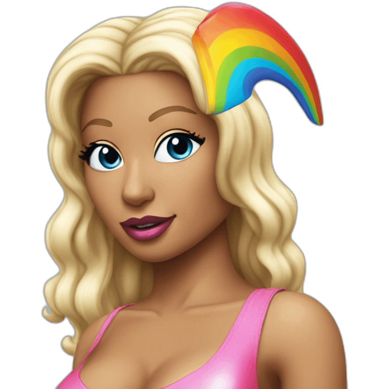 nicki-minaj-blue-eyes-hot-red-lips-rainbow-unicorn-swim-suit emoji