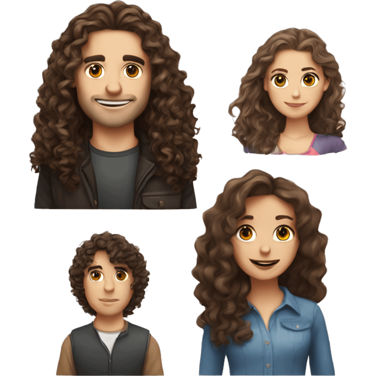 Long curly hair, brunette girl and wavy hair, brunette guy white skin emoji