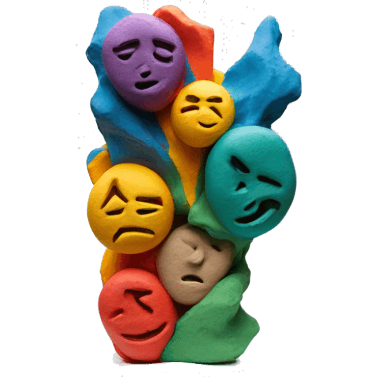 three colorful abstract sculpture realized with modeling clay on a white plinth emoji