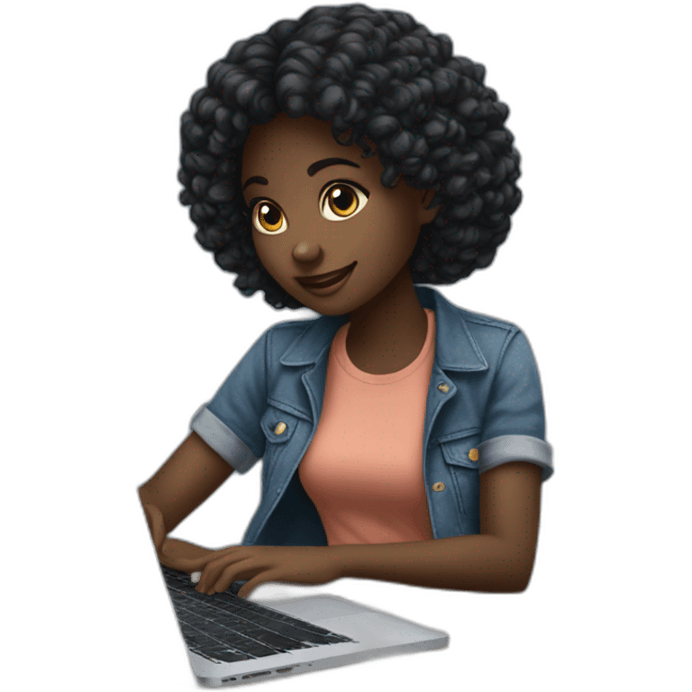 a young african girl with black wavey hair using her macbook to code on her table and where a denim top emoji