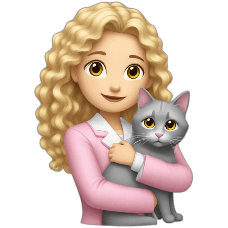 A girl with long curly blond hair in a pink formal jacket and a white dress hugs a gray cat emoji