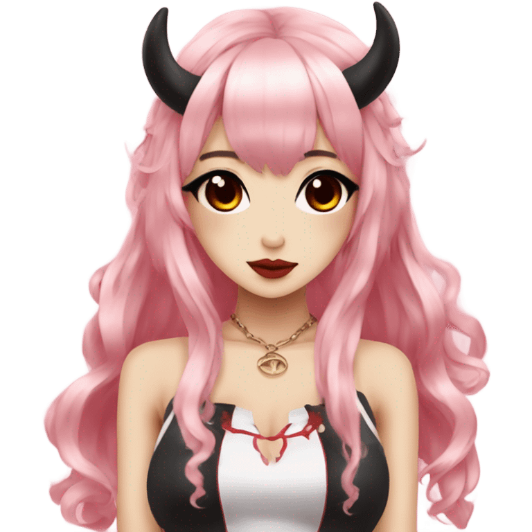 hime gyaru girl, oni horns, red skin, black hair emoji