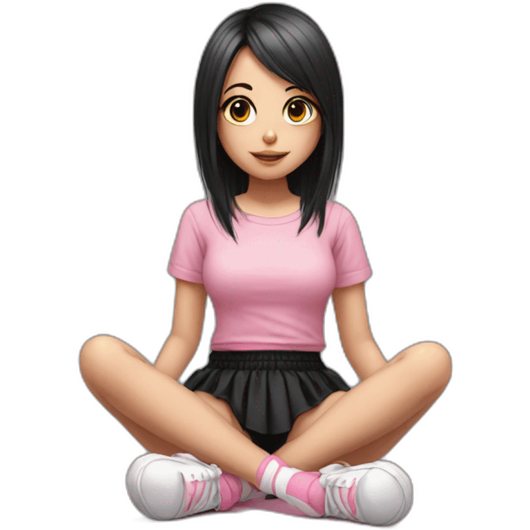 full body Front view emo girl sits on the floor black skirt pink knickers emoji