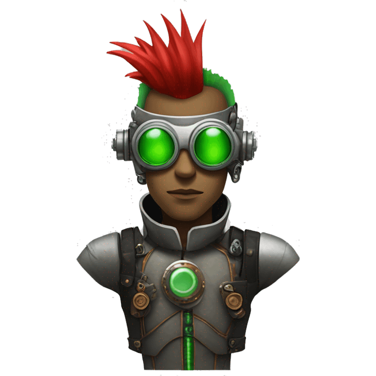 Male cyborg with thin red Mohawk and green steampunk goggles emoji