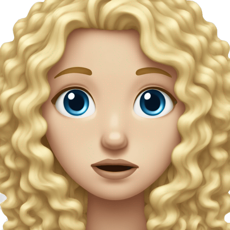 White girl with long blonde spiral curls and blue eyes crying emoji