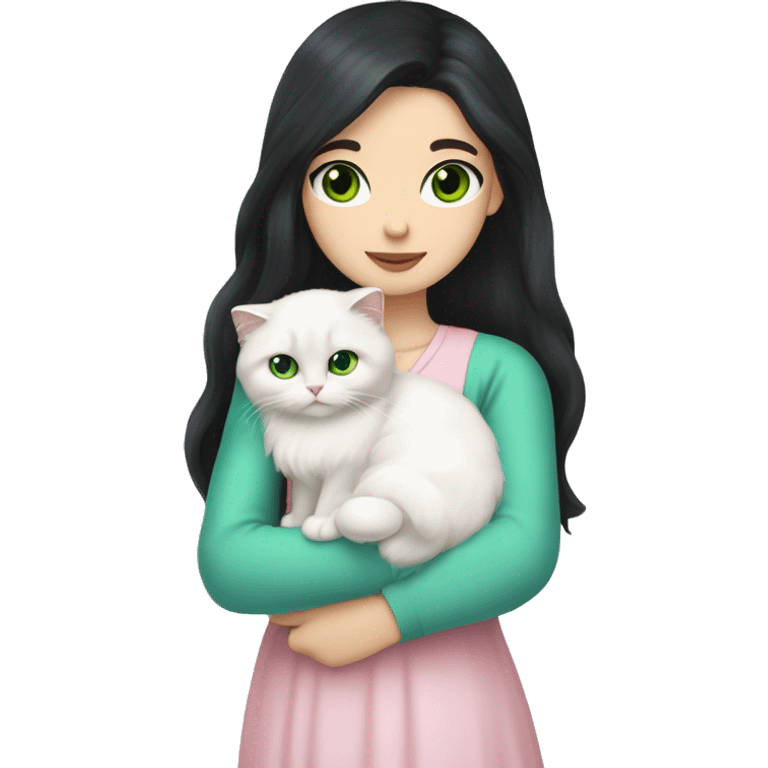 girl with very long black hair and green eyes and light pink outfit hugging a white scottish fold long hair blue eyes cat  emoji