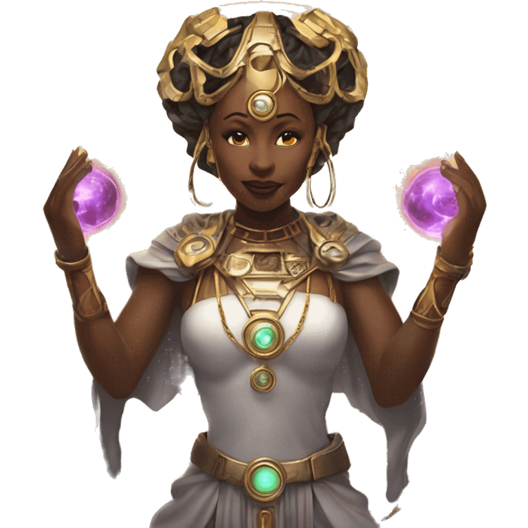 Technomancy Goddess is a mystical being who controls both magic and technology. She can cast spells on technological networks. Her powers blend the ancient art of magic with advanced cybernetics and technology. She can command machines emoji