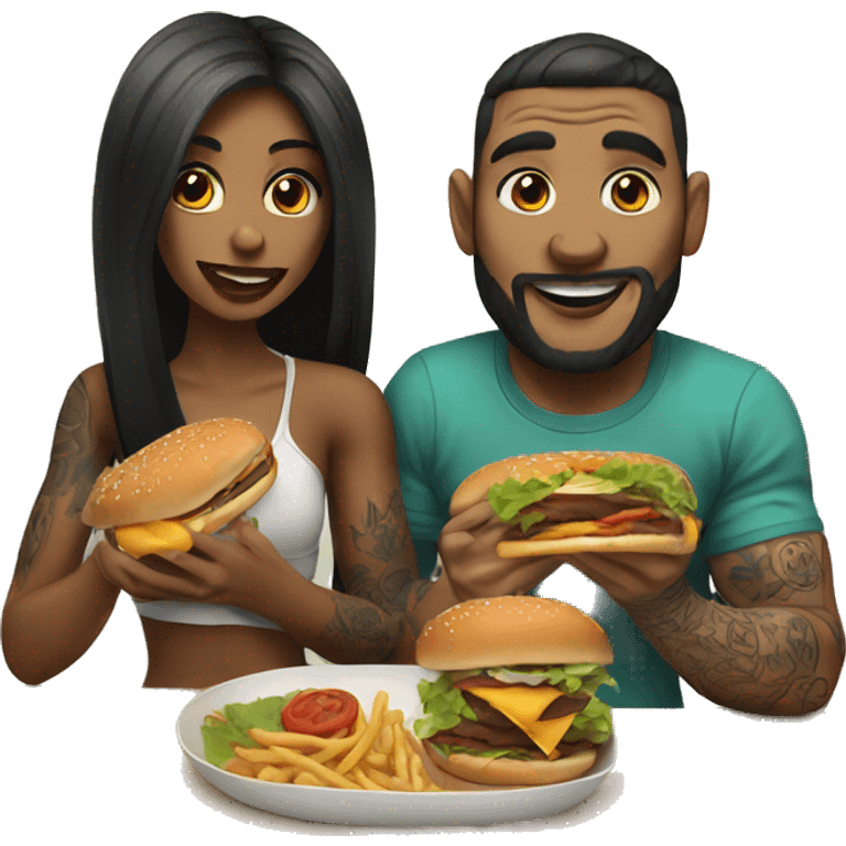 Beautiful tattooed couple eating burgers emoji