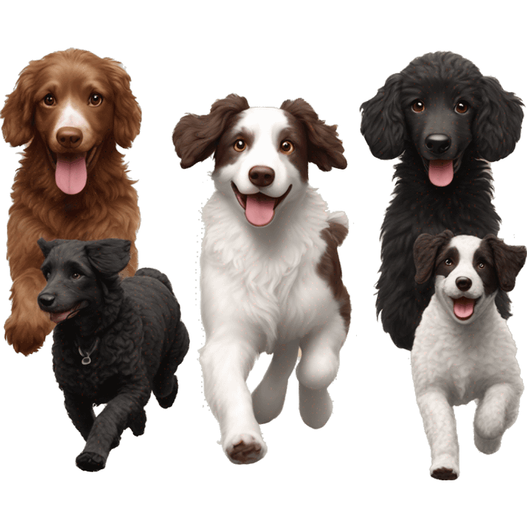 Chocolate doodle, white Australian shepherd, black poodle, gsp running in a line emoji