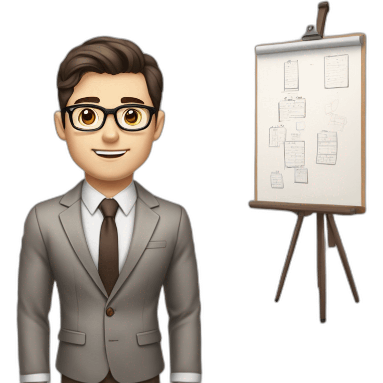 Pale skinned fit man with dark brown hair in gray jacket, beige office shirt, brown tie, brown pants and vintage glasses Writing on the marker board emoji