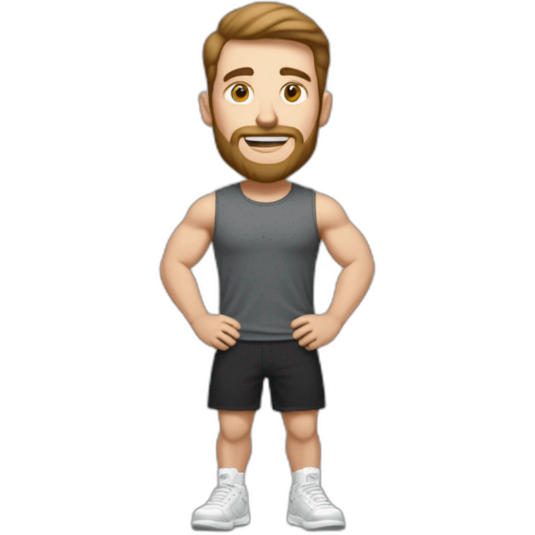 Full height Actively gesturing with hands Pale skinned Fit Man With the biceps and brown hair in dark gray Sleeveless Mike, black oversize sports shorts, watch and white Sneakers emoji