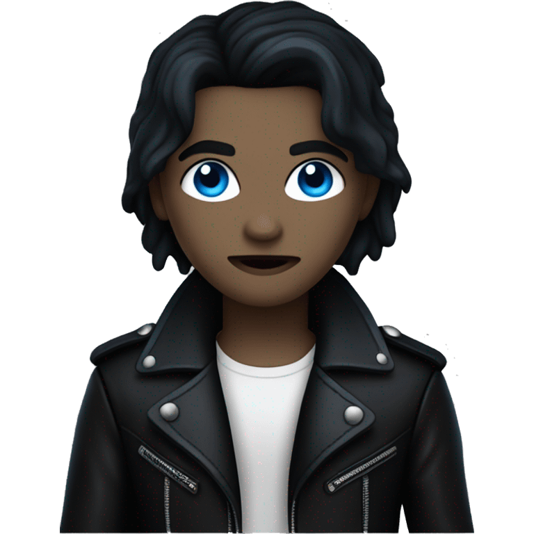 Vampire with white skin, blue eyes, floppy black hair all in black with a black leather jacket emoji