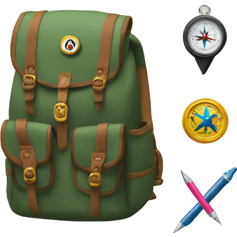 Backpack with college pins and compass emoji