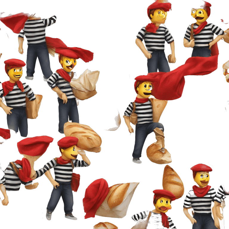 a french guy with a beret, black and white striped clothes, a red scarf and a baguette on his back. emoji