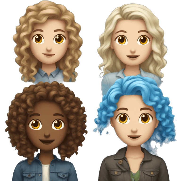 White girl, blue hair , brown curly hair emoji