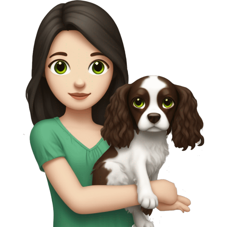 pale skin girl with green eyes with long dark brown hair that has a flower in her hair  holding a black and brown cavalier dog the dog also has a flower in its hair emoji