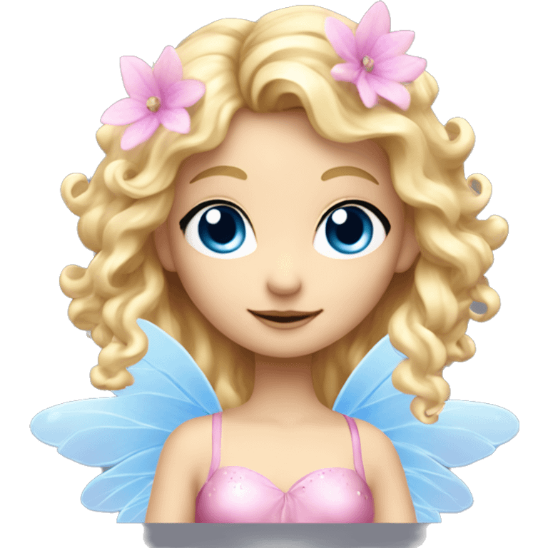 Fairy, a blonde hair with blue eyes and a pink dress with sparkly wings. Flowers. White wings. The fairy has long, curly hair with a lot of volume emoji