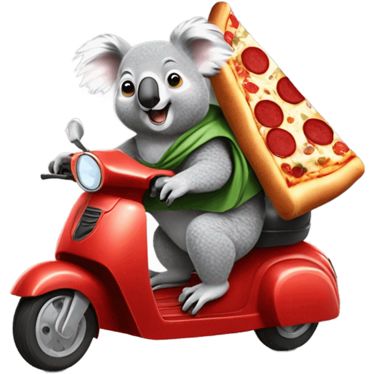 Koala on a scooter delivering pizza to a llama in a superhero cape emoji