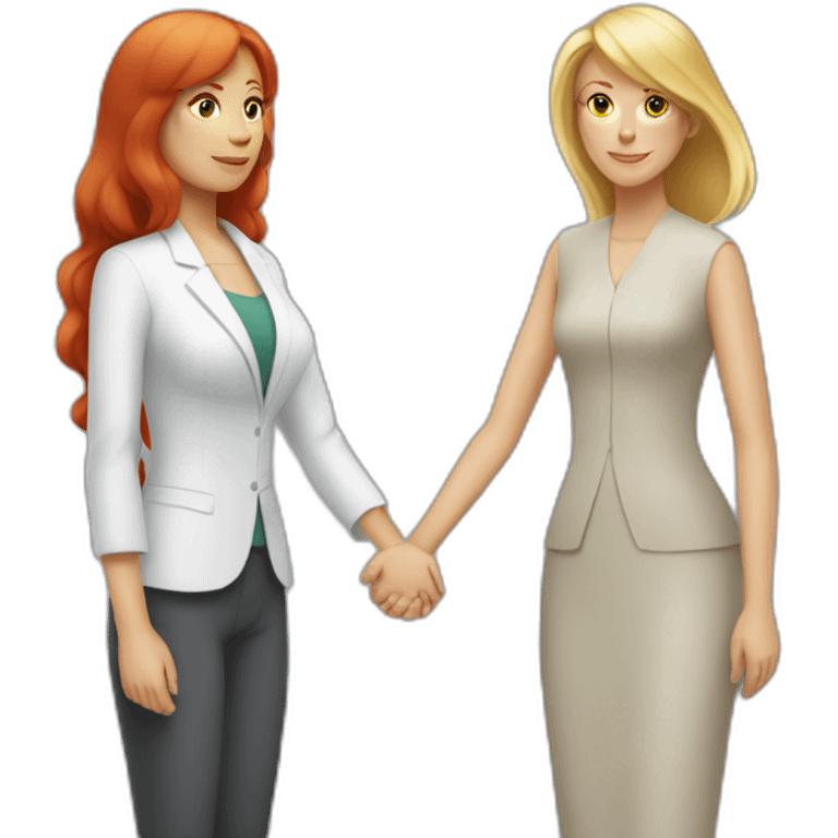 Middleaged female CEO with Long red hair and bangs holding hands with middleaged blond woman with short hair emoji