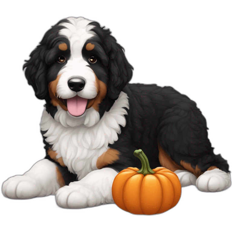 black and white bernedoodle with a pumpkin emoji