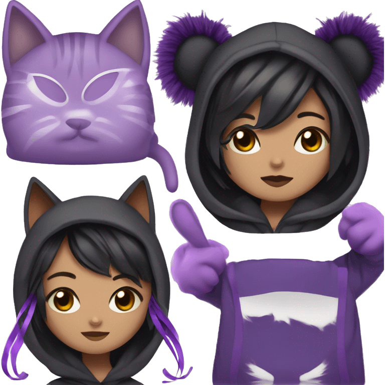 Human with cat whiskers and black/white hair divided in the middle, dressed in a black hoodie with cat ears and Lilia ear muffs and purple ribbons, eye color also purple. emoji