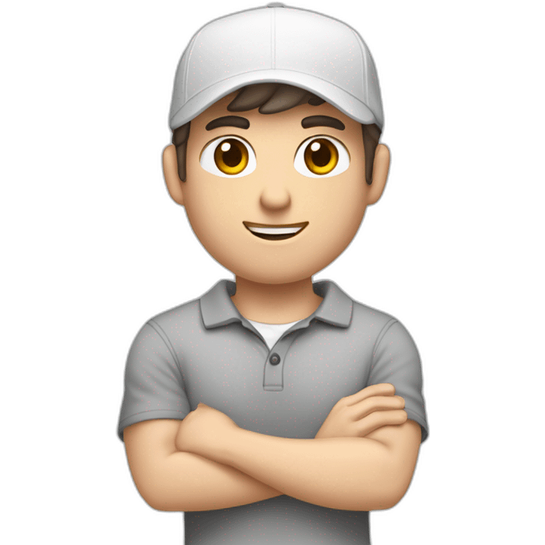 Pale skinned fit Man with dark brown hair in a white cap, gray jeans and gray polo T-shirt keeping a pasted with tape box into his hands emoji