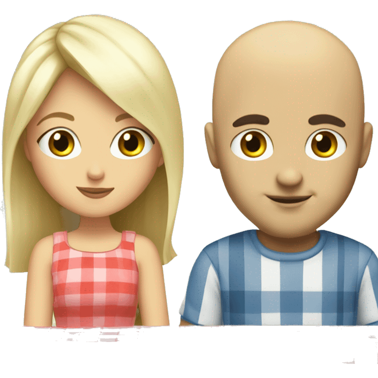 Blonde girl with green eyes having a picnic with a bald man with brown eyes emoji