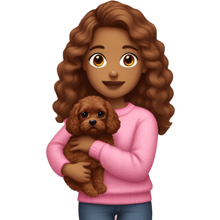 Hispanic girl holding all brown Cavapoo with pink sweaters on emoji