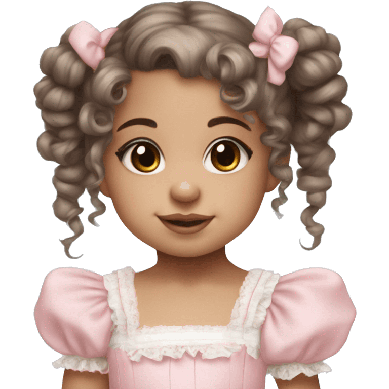 light skin toddler girl with brown eyes and brown curly hair in two pigtails wearing a baby pink lolita dress with baby blue hair bows emoji