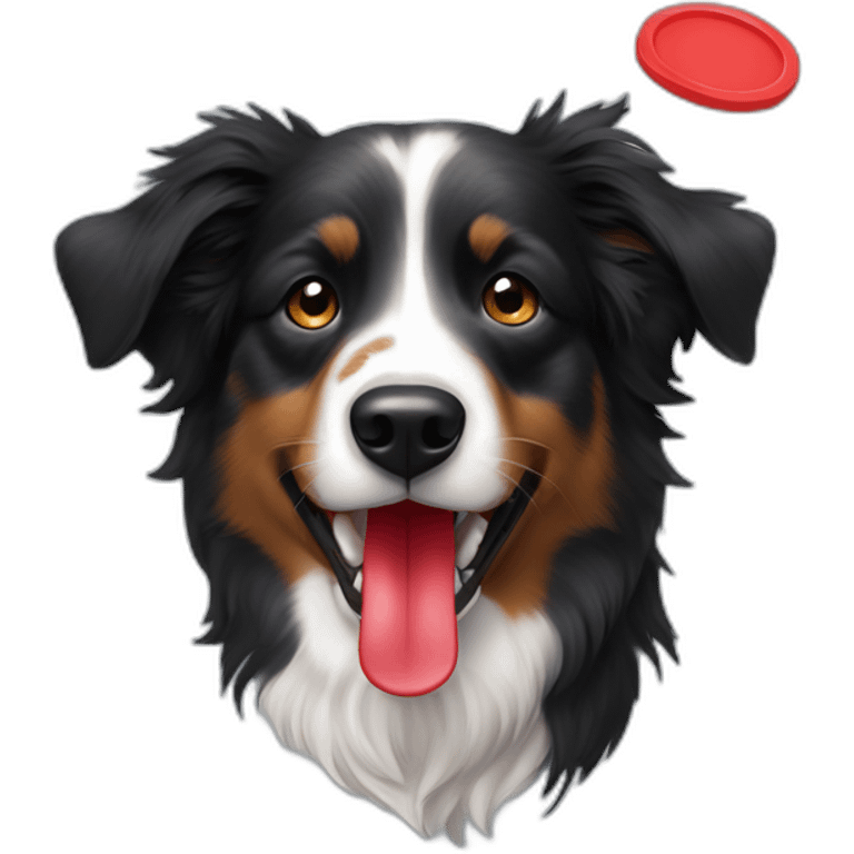 Black Tri Australian Shepherd with a red Frisbeein his mouth emoji