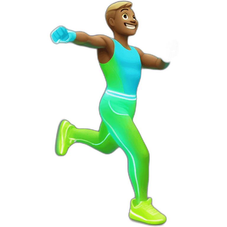 Fit, playful emoji-man with vivid neon glow, exuding a cheerful aura, and strong, lively posture.”  emoji